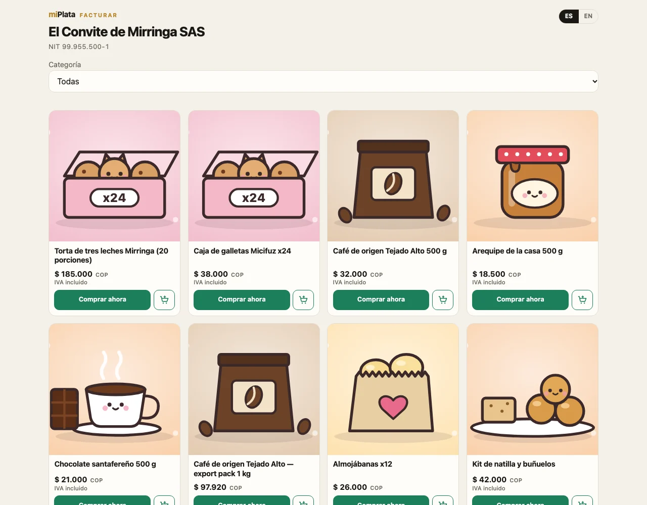La tienda de la empresa ficticia de la demo vista desde Colombia: precios en COP con IVA incluido, Nequi · Daviplata · Bre-B, stock por producto y carrito.